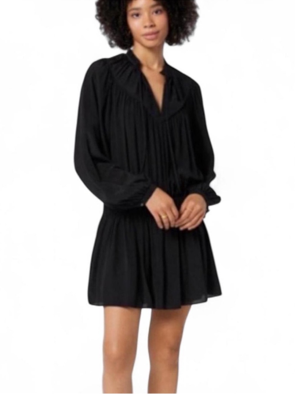 Joie Essex Black Silk Smocked Drop-Waist Long Sleeve Dress